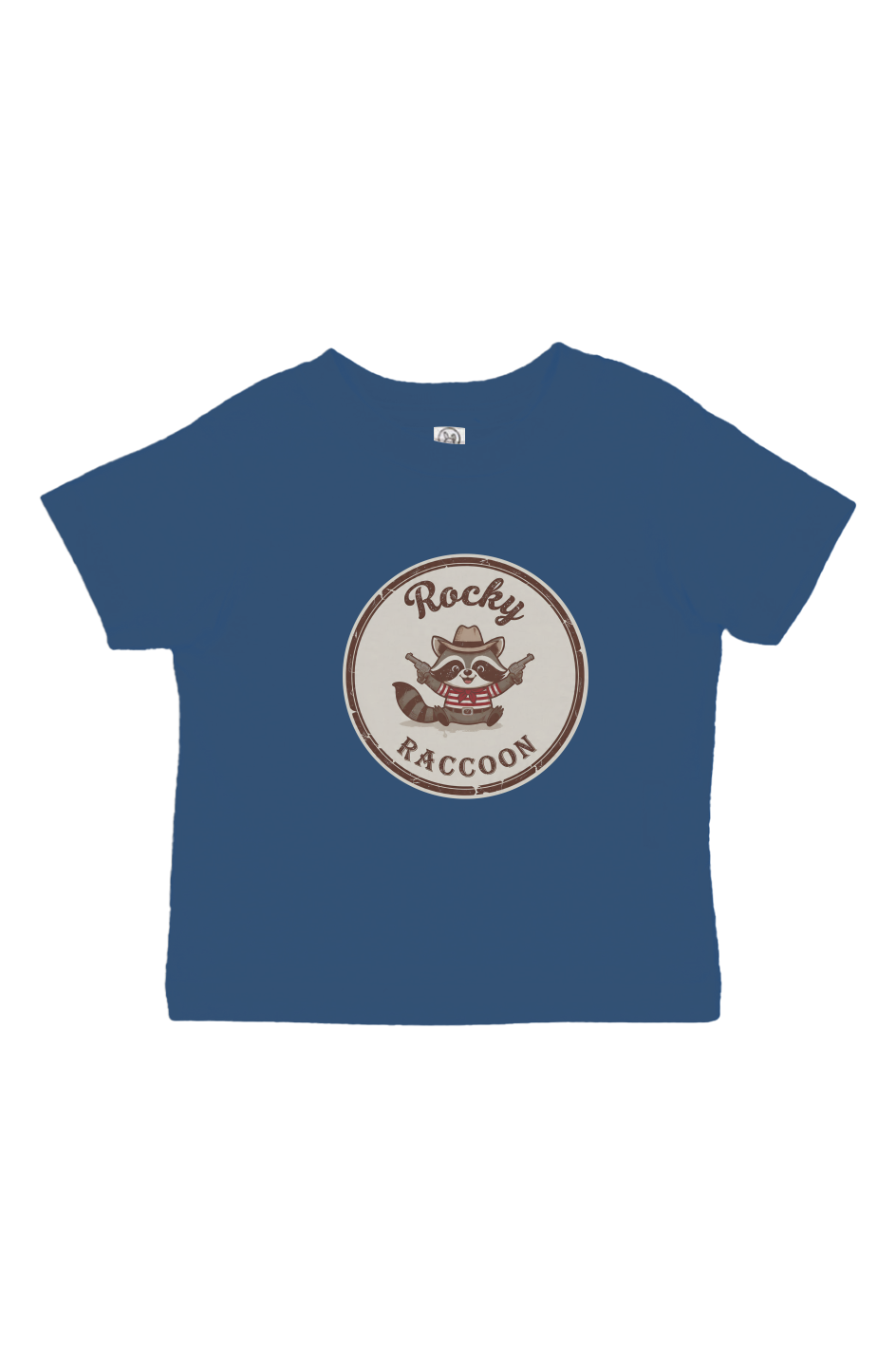 Blue t-shirt with a circular logo featuring a raccoon and text on a white background